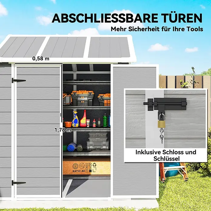 Outsunny Gerätehaus - Außenbreite inkl. Dachüberstand: 181 cm, Außentiefe inkl. Dachüberstand: 181 cm, Aluminium, Grau - Grauer Gartenhaus mit abschließbaren Türen zur Werkzeugaufbewahrung, inklusive Schloss und Schlüssel; Maße 0,58 m und 1,78 m.