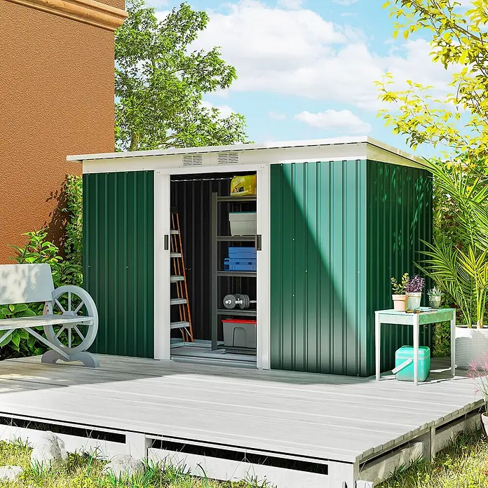 Outsunny Gerätehaus - Außenbreite inkl. Dachüberstand: 280 cm, Außentiefe inkl. Dachüberstand: 130 cm, Stahl, Dunkelgrün - Grüner Metall-Gartenschuppen mit Schiebetüren auf Holzterrasse, für Lagerung im Freien.
