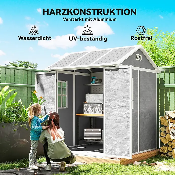 Outsunny Gerätehaus - Außenbreite inkl. Dachüberstand: 181 cm, Außentiefe inkl. Dachüberstand: 181 cm, Aluminium, Grau - Graues Gartenhaus aus Harz, mit Aluminium verstärkt, wasserdicht, UV-beständig und rostfrei. Im Freien mit Personen zur Skalierung, für die Lagerung im Garten.
