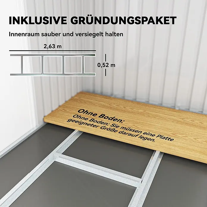Outsunny Gerätehaus - Außenbreite inkl. Dachüberstand: 280 cm, Außentiefe inkl. Dachüberstand: 130 cm, Stahl, Dunkelgrün - Verzinkter Metall-Fundamentrahmen für einen Schuppen, um den Innenraum sauber zu halten. Eine Holzplatte veranschaulicht den benötigten Boden.