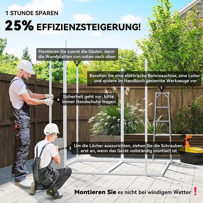 Outsunny Gerätehaus - Außenbreite inkl. Dachüberstand: 181 cm, Außentiefe inkl. Dachüberstand: 181 cm, Aluminium, Grau - Zwei Personen montieren auf einer Terrasse eine weiße modulare Outdoor-Struktur; Anweisungen zeigen effizienten Aufbau.