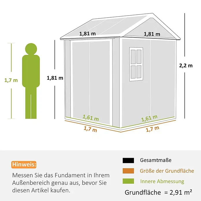 Outsunny Gerätehaus - Außenbreite inkl. Dachüberstand: 181 cm, Außentiefe inkl. Dachüberstand: 181 cm, Aluminium, Grau - Maßzeichnung eines Geräteschuppens mit Abmessungen und einer 1,7 m großen Person zum Größenvergleich.