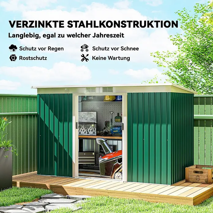 Outsunny Gerätehaus - Außenbreite inkl. Dachüberstand: 280 cm, Außentiefe inkl. Dachüberstand: 130 cm, Stahl, Dunkelgrün - Grüner Geräteschuppen aus verzinktem Stahl, langlebig, schützt vor Regen, Schnee und Rost, wartungsfrei.