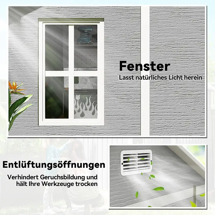 Outsunny Gerätehaus - Außenbreite inkl. Dachüberstand: 181 cm, Außentiefe inkl. Dachüberstand: 181 cm, Aluminium, Grau - Grauer Geräteschuppen mit weißem Rahmen, Fenster für Tageslicht und Lüftungsöffnungen, um Werkzeuge trocken und geruchsfrei zu halten.