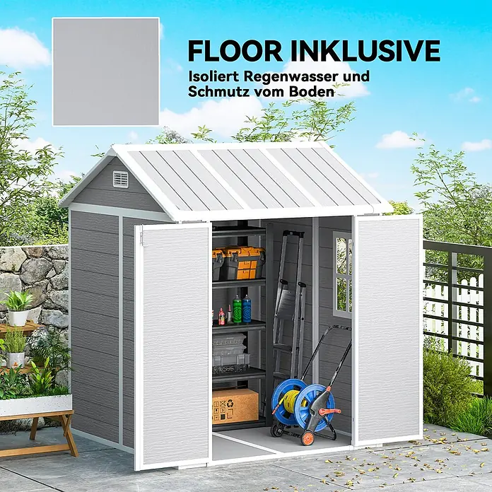 Outsunny Gerätehaus - Außenbreite inkl. Dachüberstand: 181 cm, Außentiefe inkl. Dachüberstand: 181 cm, Aluminium, Grau - Graues Gartenhaus mit weißem Dach und Verkleidung, Doppeltüren offen zeigen Innenregale, Werkzeuge und einen Schlauchwagen auf dem grauen Boden, auf einer Terrasse.