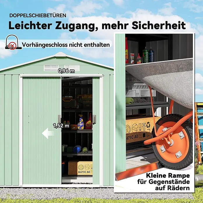 Outsunny Gerätehaus - Außenbreite inkl. Dachüberstand: 213 cm, Außentiefe inkl. Dachüberstand: 130 cm, Stahl, Grün - Hellgrüner Metall-Gartenschuppen mit breiten Doppelschiebetüren (0,96 m breit, 1,52 m hoch) und kleiner Rampe für einfachen Zugang mit Rollgeräten.