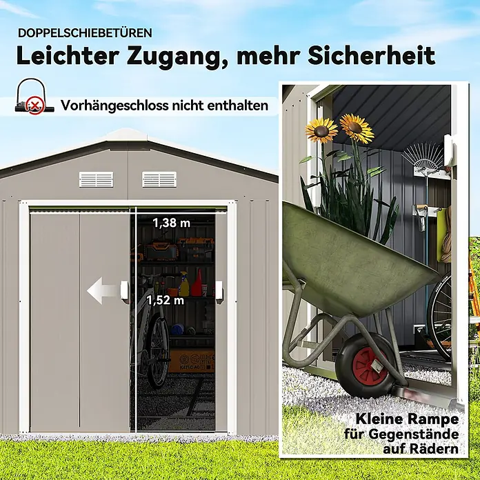 Outsunny Gerätehaus - Außenbreite inkl. Dachüberstand: 340 cm, Außentiefe inkl. Dachüberstand: 385 cm, Stahl, Hellgrau - Graues Metall-Gartenhaus mit Doppelschiebetüren und integrierter Rampe für einfachen Zugang. Die Türöffnung ist 1,38m breit und 1,52m hoch.
