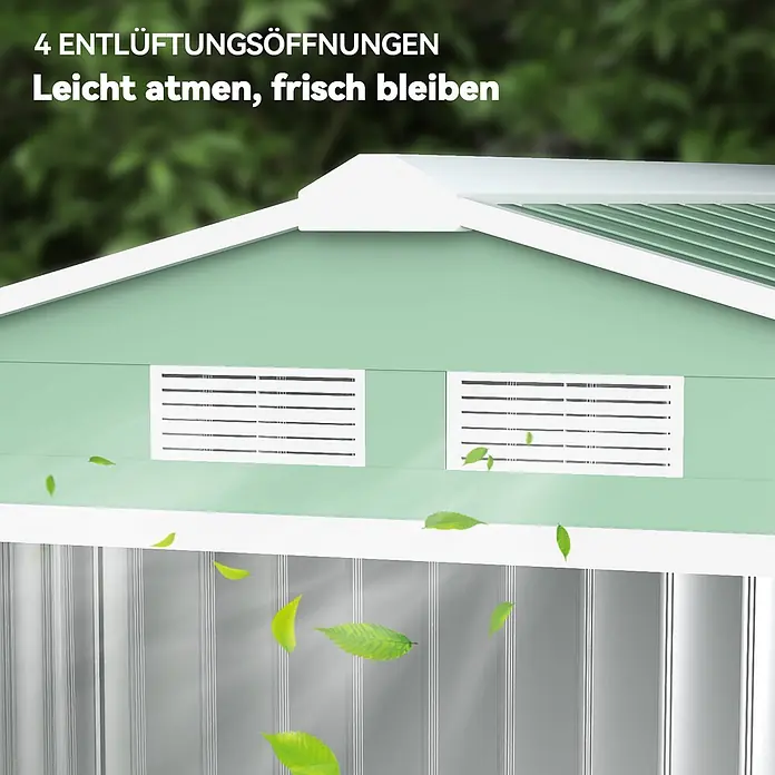Outsunny Gerätehaus - Außenbreite inkl. Dachüberstand: 213 cm, Außentiefe inkl. Dachüberstand: 130 cm, Stahl, Grün - Hellgrüner Schuppen mit weißen Verkleidungen und vier Lüftungsöffnungen für frische Luft.