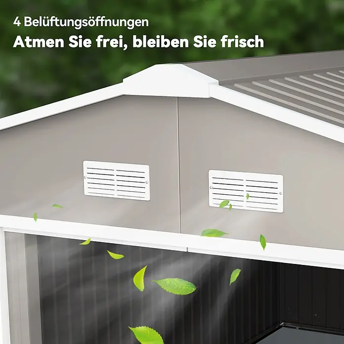 Outsunny Gerätehaus - Außenbreite inkl. Dachüberstand: 340 cm, Außentiefe inkl. Dachüberstand: 385 cm, Stahl, Hellgrau - Oberteil eines grauen Schuppens mit vier weißen Lüftungsöffnungen für frische Luft.