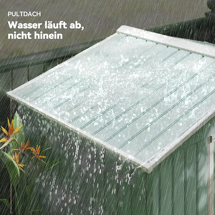 Outsunny Gerätehaus - Außenbreite inkl. Dachüberstand: 213 cm, Außentiefe inkl. Dachüberstand: 130 cm, Stahl, Grün - Transparentes Pultdach, von dem Regenwasser effektiv abläuft.
