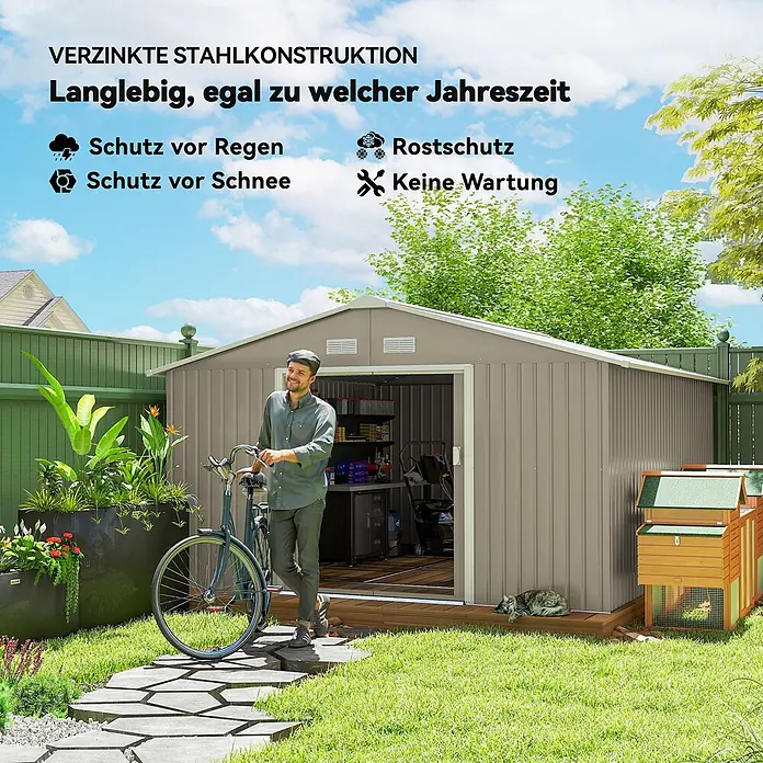 Outsunny Gerätehaus - Außenbreite inkl. Dachüberstand: 340 cm, Außentiefe inkl. Dachüberstand: 385 cm, Stahl, Hellgrau - Verzinkter Geräteschuppen aus Stahl im Garten, langlebig mit Regen-, Schnee- und Rostschutz, wartungsfrei.