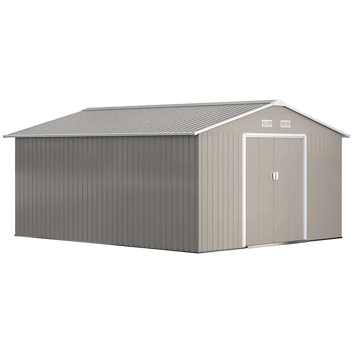 Outsunny Gerätehaus - Außenbreite inkl. Dachüberstand: 340 cm, Außentiefe inkl. Dachüberstand: 385 cm, Stahl, Hellgrau - Großer Metallgeräteschuppen mit grauem Giebeldach, beiger Front und dunkelgrauer Seite, mit Doppeltüren und Lüftungsöffnungen.