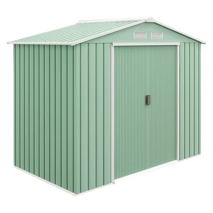 Outsunny Gerätehaus - Außenbreite inkl. Dachüberstand: 213 cm, Außentiefe inkl. Dachüberstand: 130 cm, Stahl, Grün - Hellgrüner Wellblech-Gartenschuppen mit Giebeldach und Schiebetür, ideal zur Aufbewahrung im Freien.