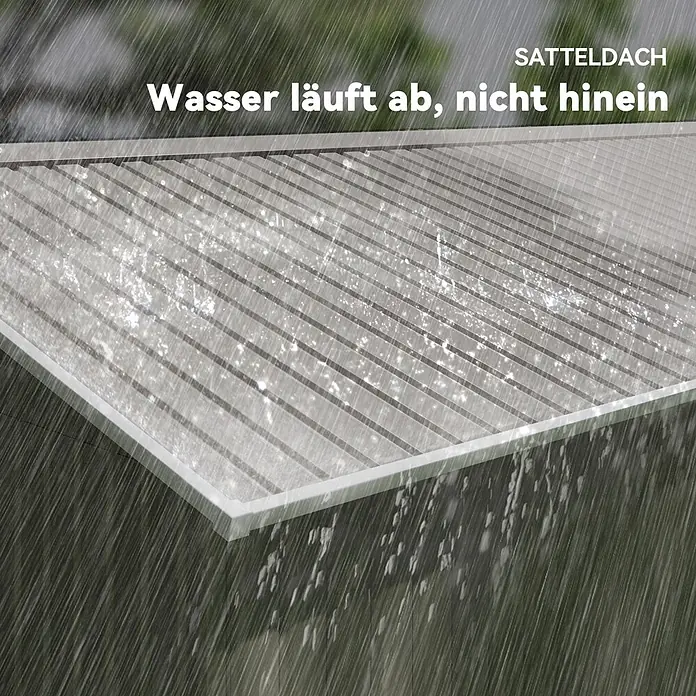 Outsunny Gerätehaus - Außenbreite inkl. Dachüberstand: 340 cm, Außentiefe inkl. Dachüberstand: 385 cm, Stahl, Hellgrau - Lichtdurchlässiges Satteldach unter starkem Regen, zeigt effektiven Wasserablauf.