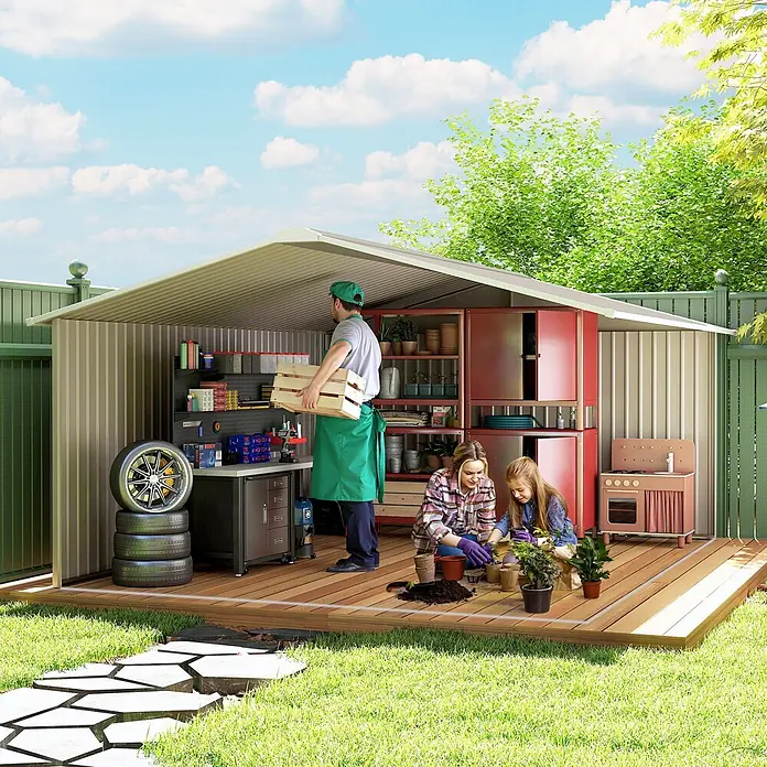 Outsunny Gerätehaus - Außenbreite inkl. Dachüberstand: 340 cm, Außentiefe inkl. Dachüberstand: 385 cm, Stahl, Hellgrau - Vielseitiger grauer Metall-Gartenpavillon/Carport, der einer Familie beim Gärtnern und Heimwerken als Arbeitsbereich dient.