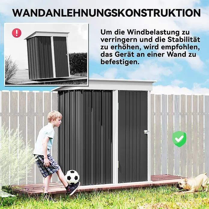 Outsunny Gerätehaus - Außenbreite inkl. Dachüberstand: 161 cm, Außentiefe inkl. Dachüberstand: 95 cm, Stahl, Dunkelgrau - Dunkelgrauer Anlehnschuppen mit weißem Dach, für Stabilität konzipiert. Wandbefestigung empfohlen.