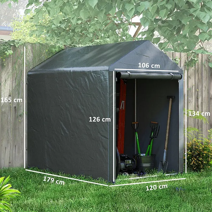 Outsunny Gerätehaus - Außenbreite inkl. Dachüberstand: 120 cm, Außentiefe inkl. Dachüberstand: 179 cm, Stahl, Dunkelgrau - Dunkelgraues Gartenzelt aus Stoff mit Abmessungen, zeigt Gartenwerkzeuge und Rasenmäher in einer Außenumgebung.