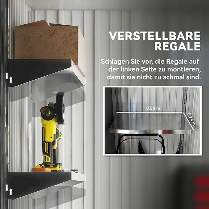 Outsunny Gerätehaus - Außenbreite inkl. Dachüberstand: 161 cm, Außentiefe inkl. Dachüberstand: 95 cm, Stahl, Dunkelgrau - Verstellbare Metallregale in einer Lagereinheit, mit Hervorhebung der Flexibilität und Maße (0,58x0,24m).