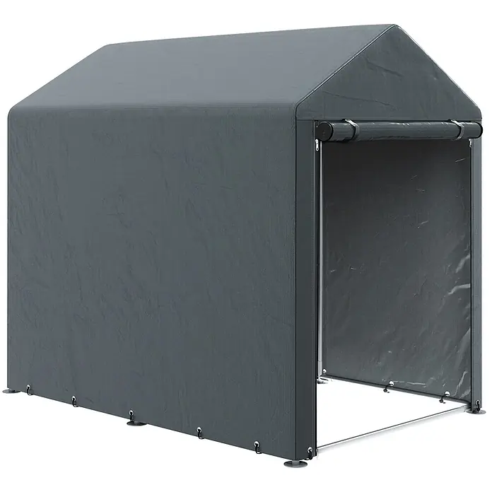 Outsunny Gerätehaus - Außenbreite inkl. Dachüberstand: 120 cm, Außentiefe inkl. Dachüberstand: 179 cm, Stahl, Dunkelgrau - Graues Stofflagerzelt mit Rolltor und sichtbaren Metallrahmenelementen.