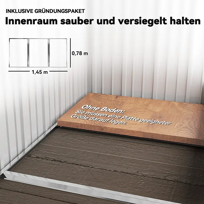 Outsunny Gerätehaus - Außenbreite inkl. Dachüberstand: 161 cm, Außentiefe inkl. Dachüberstand: 95 cm, Stahl, Dunkelgrau - Innenansicht eines Geräteschuppens mit Fundament und Hinweis zum Einlegen einer Bodenplatte. Maße: 1,45m x 0,78m.