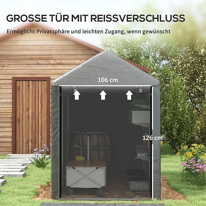 Outsunny Gerätehaus - Außenbreite inkl. Dachüberstand: 120 cm, Außentiefe inkl. Dachüberstand: 179 cm, Stahl, Dunkelgrau - Dunkelgrauer Stoff-Gartenschuppen mit großer Reißverschlusstür, im Garten stehend. Türöffnung 106x126 cm, für Privatsphäre und einfachen Zugang.