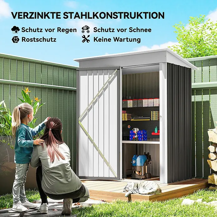 Outsunny Gerätehaus - Außenbreite inkl. Dachüberstand: 161 cm, Außentiefe inkl. Dachüberstand: 95 cm, Stahl, Dunkelgrau - Verzinkte Gartenhütte aus Stahl in Weiß und Anthrazit, wetterfest und wartungsfrei, mit offener Schiebetür im Garten.