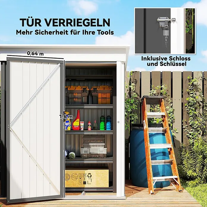 Outsunny Gerätehaus - Außenbreite inkl. Dachüberstand: 161 cm, Außentiefe inkl. Dachüberstand: 95 cm, Stahl, Dunkelgrau - Offener Gartenschuppen mit Regalen, 0,64m Breite und 1,6m Höhe, plus Detailbild des inkludierten Türschlosses mit Schlüssel.