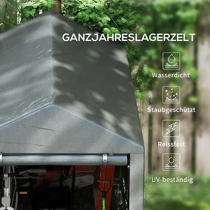 Outsunny Gerätehaus - Außenbreite inkl. Dachüberstand: 120 cm, Außentiefe inkl. Dachüberstand: 179 cm, Stahl, Dunkelgrau - Graues, ganzjähriges Lagerzelt, teilweise geöffnet, mit Werkzeugen darin.