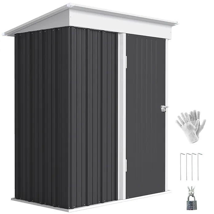 Outsunny Gerätehaus - Außenbreite inkl. Dachüberstand: 161 cm, Außentiefe inkl. Dachüberstand: 95 cm, Stahl, Dunkelgrau - Dunkelgrauer Metall-Geräteschuppen mit weißem Dach und Verkleidung, inkl. Handschuhen, Heringen und Vorhängeschloss.