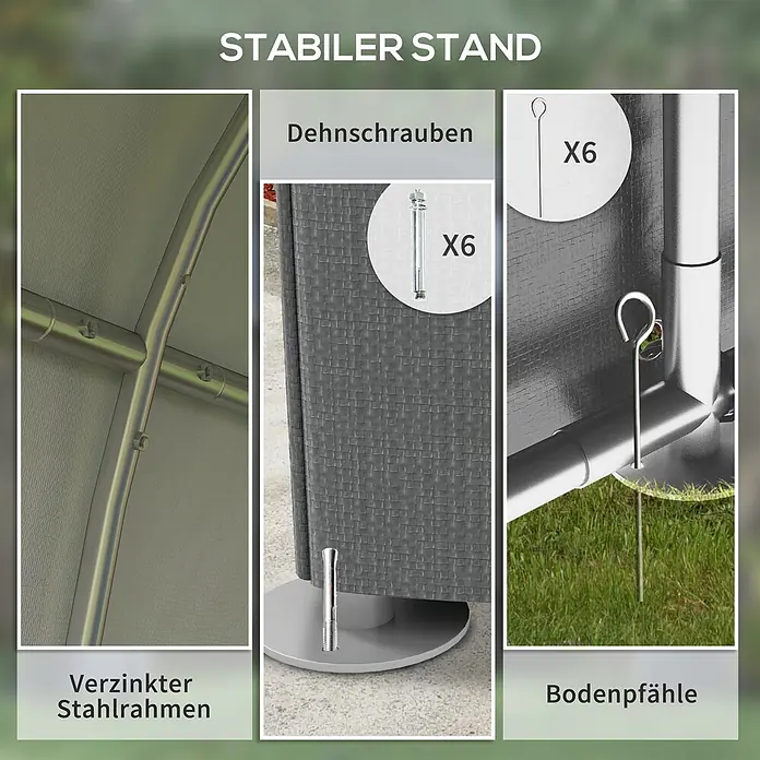 Outsunny Gerätehaus - Außenbreite inkl. Dachüberstand: 120 cm, Außentiefe inkl. Dachüberstand: 179 cm, Stahl, Dunkelgrau - Nahaufnahmen zeigen verzinkten Stahlrahmen, Dehnschrauben für Beton und Bodenpfähle für robuste Outdoor-Stabilität.