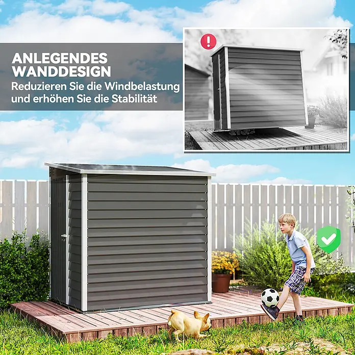 Outsunny Gerätehaus - Außenbreite inkl. Dachüberstand: 142 cm, Außentiefe inkl. Dachüberstand: 184 cm, Stahl, Hellgrau - Dunkelgrauer Anlehnschuppen, für Windstabilität konzipiert, in einem Garten gezeigt.