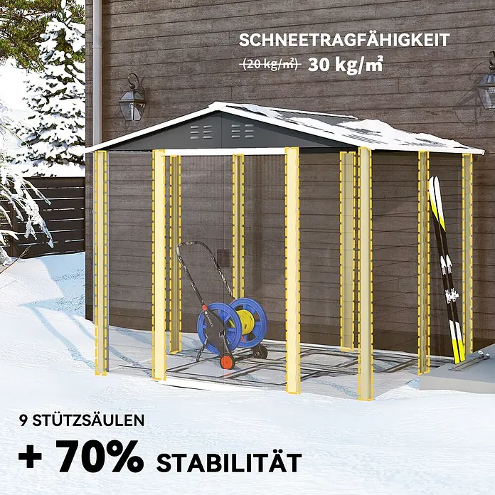 Outsunny Gerätehaus - Außenbreite inkl. Dachüberstand: 240 cm, Außentiefe inkl. Dachüberstand: 206 cm, Stahl, Dunkelgrau - Dunkelgrauer Metallschuppen im Schnee, mit 9 Stützsäulen für +70% Stabilität und 30 kg/m² Schneetragfähigkeit.