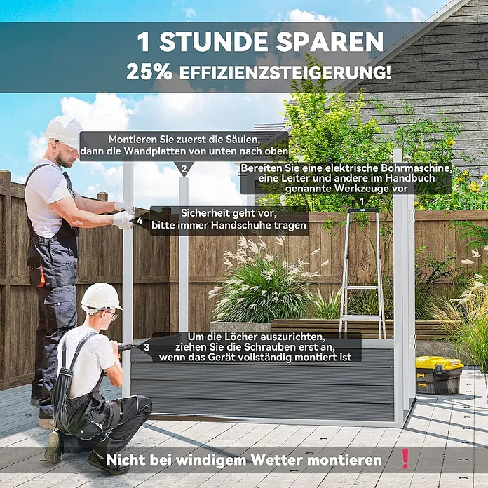 Outsunny Gerätehaus - Außenbreite inkl. Dachüberstand: 142 cm, Außentiefe inkl. Dachüberstand: 184 cm, Stahl, Hellgrau - Zwei Arbeiter montieren eine graue Lamellen-Außenstruktur und zeigen einfache Montageschritte.