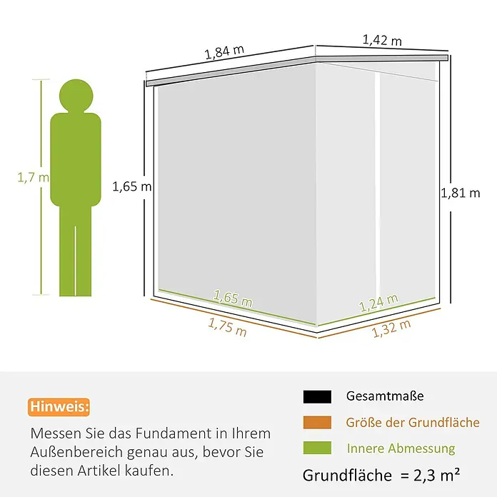 Outsunny Gerätehaus - Außenbreite inkl. Dachüberstand: 142 cm, Außentiefe inkl. Dachüberstand: 184 cm, Stahl, Hellgrau - Maßdiagramm eines Gartenschuppens, das Außen-, Innen- und Grundrissmaße sowie einen Menschen (1,7m) als Größenvergleich zeigt. Grundfläche: 2,3 m².