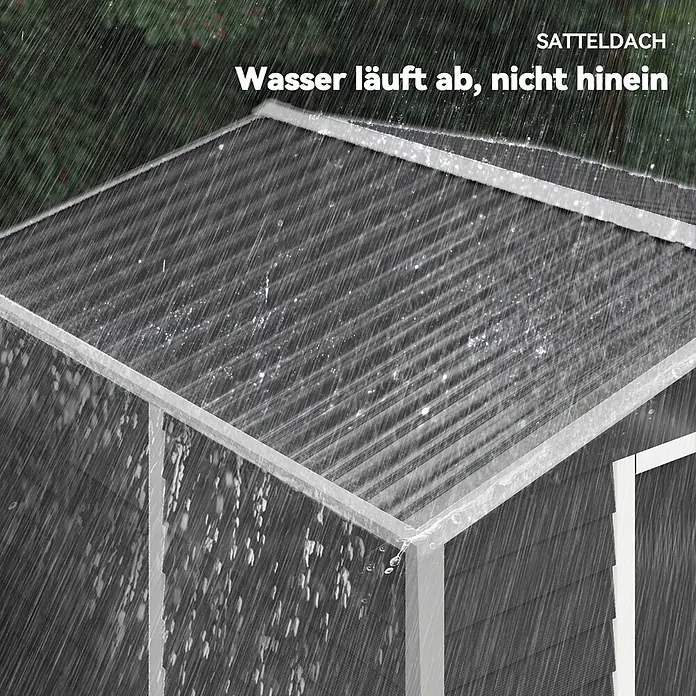 Outsunny Gerätehaus - Außenbreite inkl. Dachüberstand: 240 cm, Außentiefe inkl. Dachüberstand: 206 cm, Stahl, Dunkelgrau - Schuppen mit dunklem Satteldach im Regen, der effektive Wasserableitung für Wetterschutz zeigt.