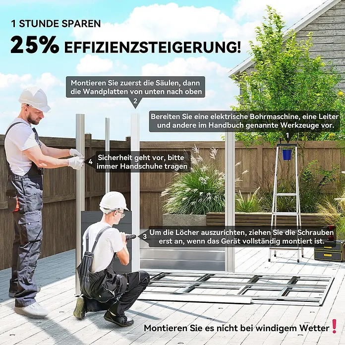 Outsunny Gerätehaus - Außenbreite inkl. Dachüberstand: 240 cm, Außentiefe inkl. Dachüberstand: 206 cm, Stahl, Dunkelgrau - Zwei Arbeiter montieren ein silbernes Metallgestell für einen Schuppen oder ein Gewächshaus auf einer Holzterrasse.