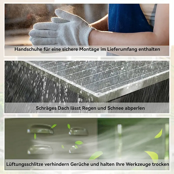 Outsunny Gerätehaus - Außenbreite inkl. Dachüberstand: 142 cm, Außentiefe inkl. Dachüberstand: 184 cm, Stahl, Hellgrau - Merkmale eines Geräteschuppens: inklusive Montagehandschuhe, schräges Dach für Regen-/Schneeablauf und Lüftungsschlitze für trockene, geruchsfreie Lagerung.