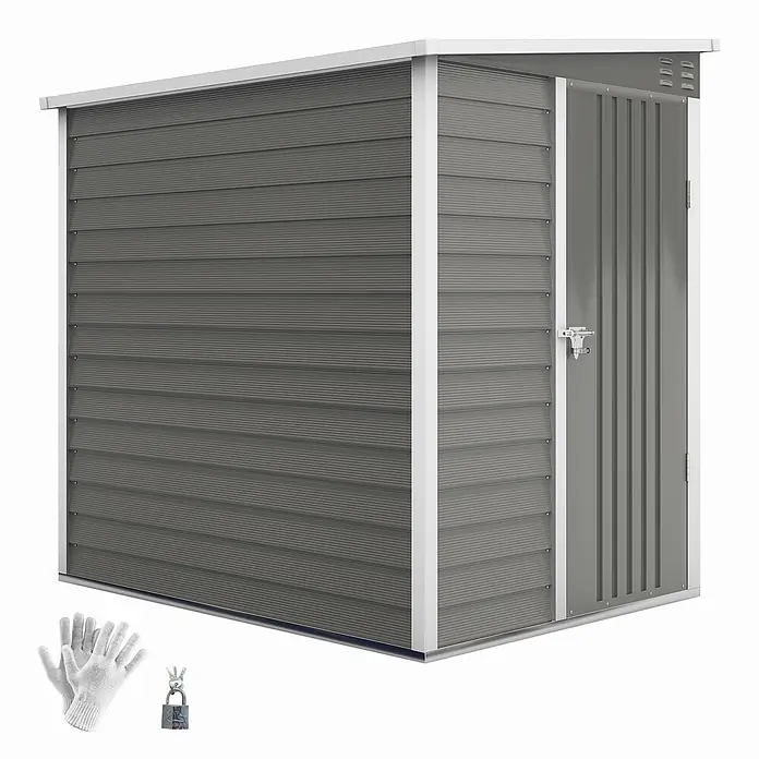 Outsunny Gerätehaus - Außenbreite inkl. Dachüberstand: 142 cm, Außentiefe inkl. Dachüberstand: 184 cm, Stahl, Hellgrau - Grauer Metall-Gartenschuppen mit weißem Rahmen, Pultdach und Einzeltür. Inklusive Handschuhe und Vorhängeschloss.