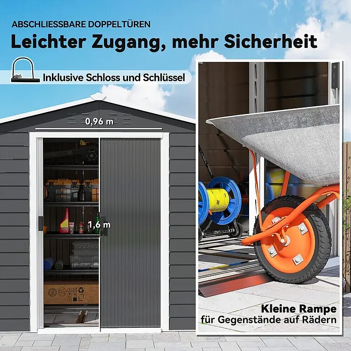 Outsunny Gerätehaus - Außenbreite inkl. Dachüberstand: 240 cm, Außentiefe inkl. Dachüberstand: 206 cm, Stahl, Dunkelgrau - Dunkelgrauer Geräteschuppen mit abschließbaren Doppel-Schiebetüren (0,96x1,6m) und integrierter Rampe für Rollartikel.