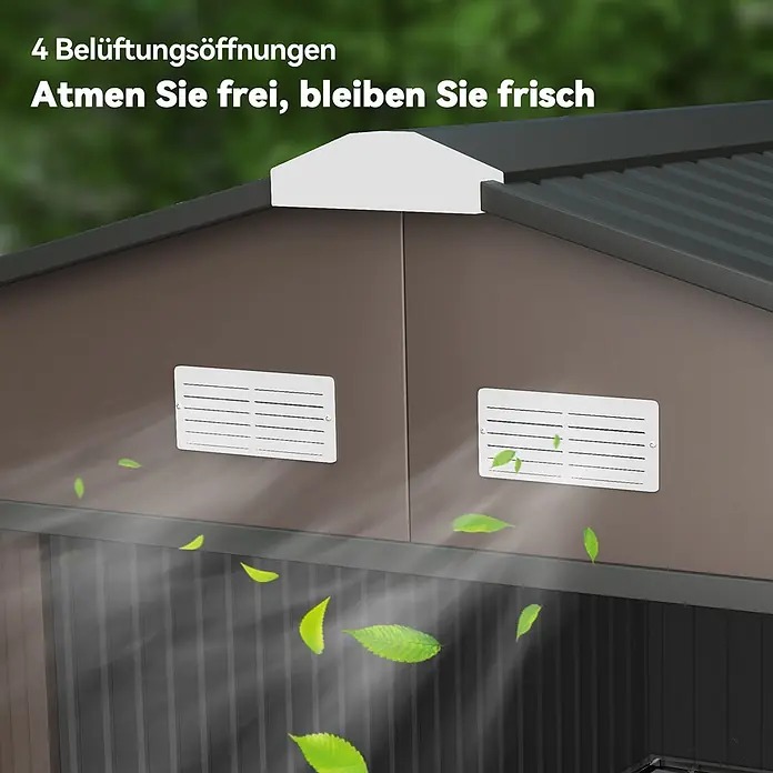 Outsunny Gerätehaus - Außenbreite inkl. Dachüberstand: 340 cm, Außentiefe inkl. Dachüberstand: 386 cm, Stahl, Braun - Brauner Gartenschuppen mit Lüftungsöffnungen für Luftzirkulation, fördert ein frisches Klima.