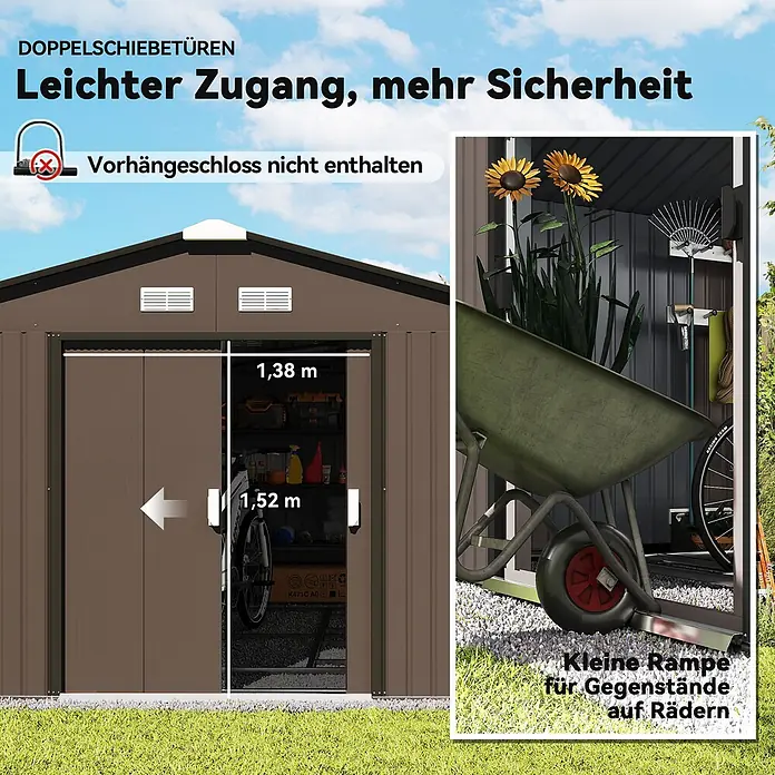 Outsunny Gerätehaus - Außenbreite inkl. Dachüberstand: 340 cm, Außentiefe inkl. Dachüberstand: 386 cm, Stahl, Braun - Brauner Metall-Gartenschuppen mit Doppelschiebetüren (1,38m x 1,52m) und kleiner Rampe für Gegenstände auf Rädern.