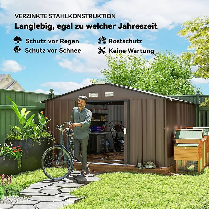 Outsunny Gerätehaus - Außenbreite inkl. Dachüberstand: 340 cm, Außentiefe inkl. Dachüberstand: 386 cm, Stahl, Braun - Braunes Gartenhaus aus verzinktem Stahl, ganzjährig haltbar, rost- und wartungsfrei.