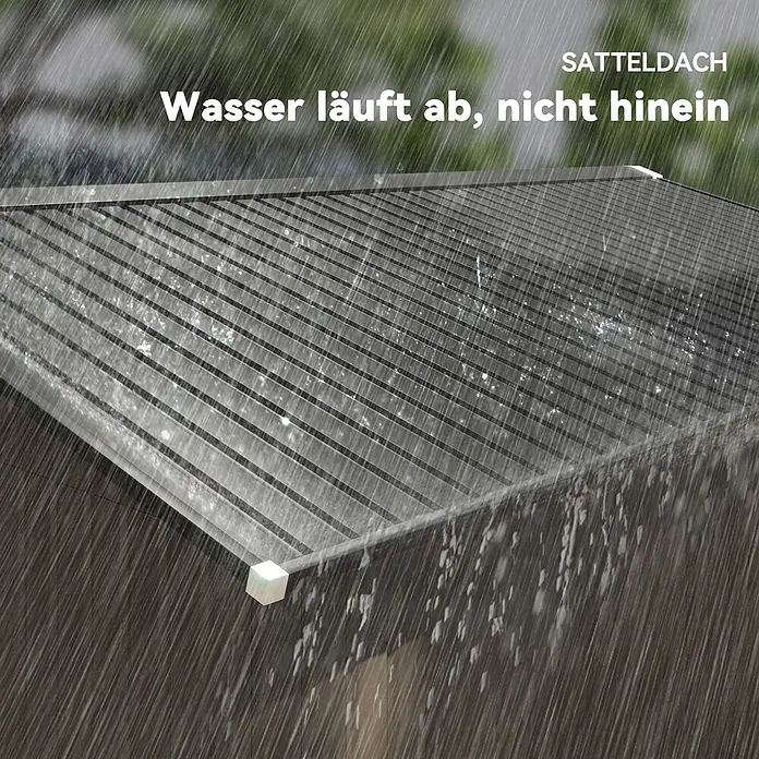 Outsunny Gerätehaus - Außenbreite inkl. Dachüberstand: 340 cm, Außentiefe inkl. Dachüberstand: 386 cm, Stahl, Braun - Satteldach aus transparentem Material bei Regen, das Wasser effektiv ableitet.