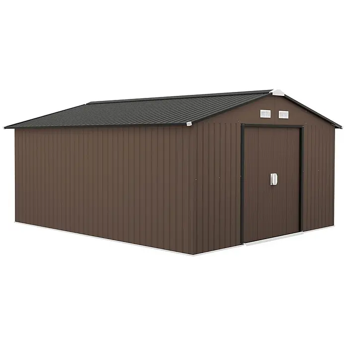 Outsunny Gerätehaus - Außenbreite inkl. Dachüberstand: 340 cm, Außentiefe inkl. Dachüberstand: 386 cm, Stahl, Braun - Brauner Metallschuppen mit dunkelgrauem Wellblechdach und Doppeltüren.