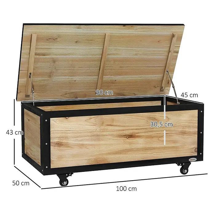 Outsunny Garten-Aufbewahrungsbox - Naturholz - Helle Holz-Truhe mit schwarzem Rahmen und Rollen, Deckel offen, zeigt Innenraum und Maße 100x50x43cm.