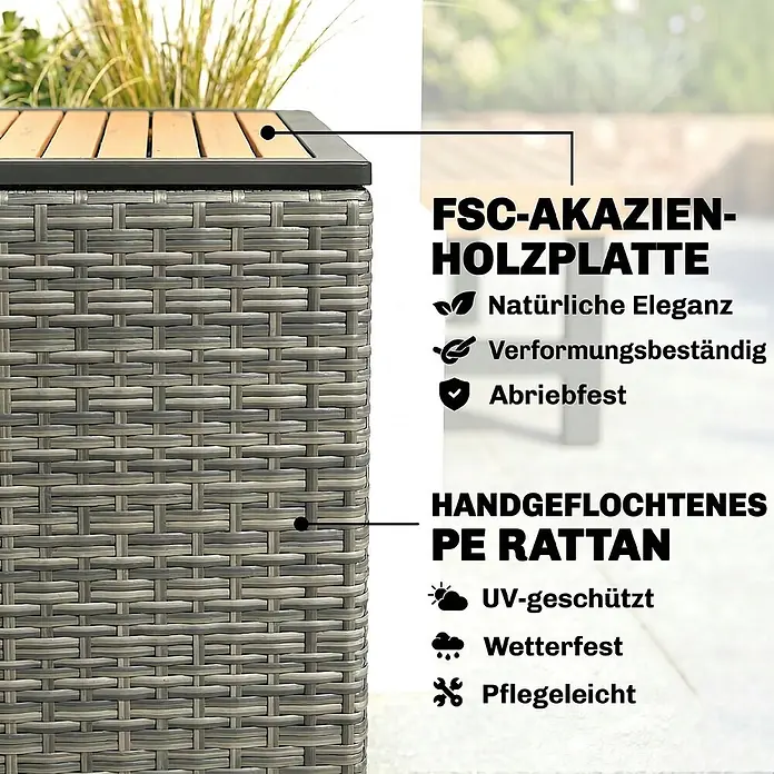 Outsunny Garten-Aufbewahrungsbox - Dunkelgrau - Graue, handgeflochtene PE-Rattan-Gartenbox mit lattenförmiger FSC-Akazienholzplatte, wetterfest und langlebig.