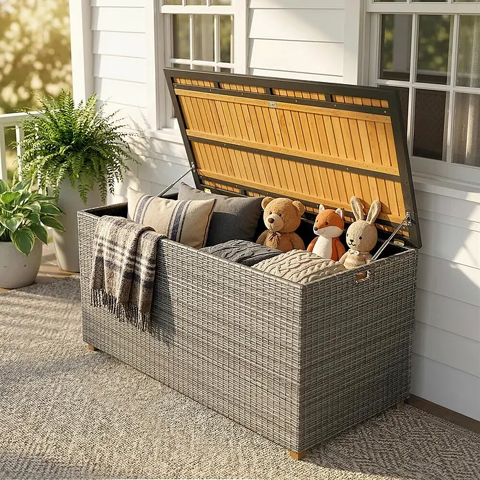Outsunny Garten-Aufbewahrungsbox - Dunkelgrau - Graue Korbflecht-Aufbewahrungsbox für den Außenbereich mit offenem Holzdeckel, gefüllt mit Kissen und Plüschtieren, auf einer Terrasse.