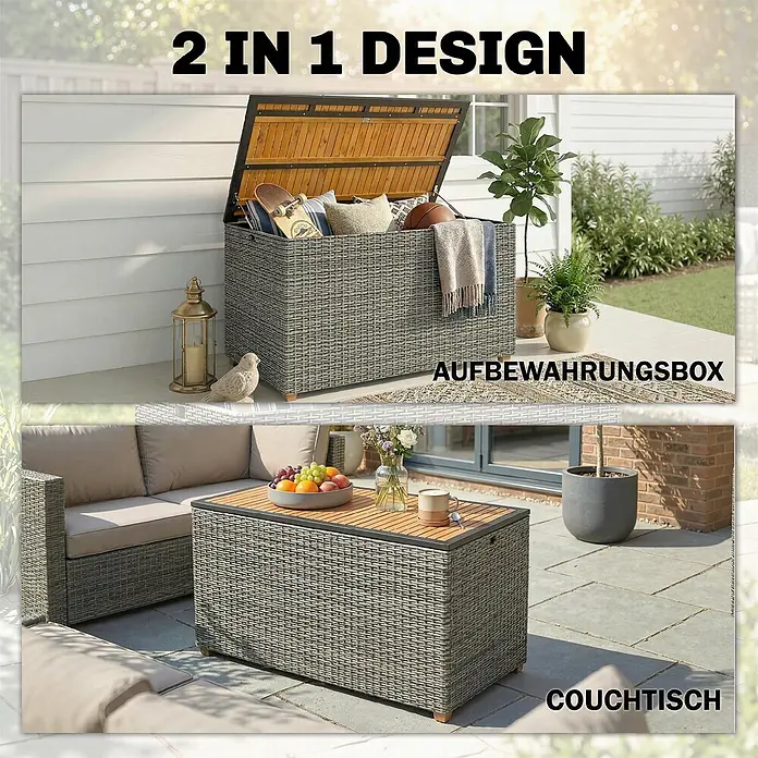 Outsunny Garten-Aufbewahrungsbox - Dunkelgrau - Vielseitige graue Rattan 2-in-1 Outdoor-Aufbewahrungsbox und Couchtisch mit Holzdeckel. Gezeigt als Stauraum und Terrassentisch.