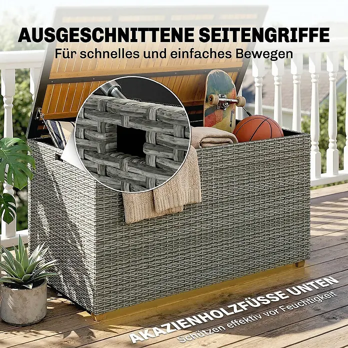 Outsunny Garten-Aufbewahrungsbox - Dunkelgrau - Graue Rattan-Gartenbox mit Holzdeckel, ausgeschnittenen Seitengriffen und erhöhten Holzfüßen zum Schutz vor Feuchtigkeit.