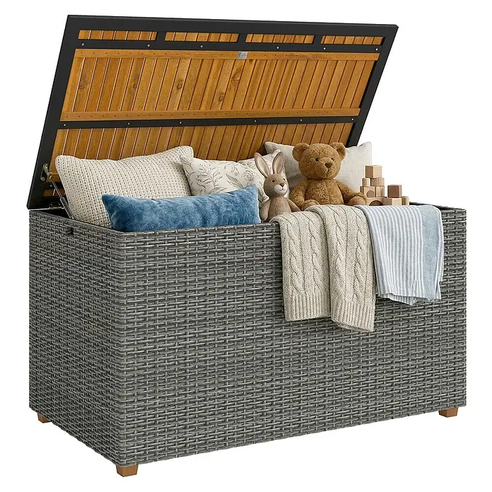 Outsunny Garten-Aufbewahrungsbox - Dunkelgrau - Graue Outdoor-Aufbewahrungsbox aus Korbgeflecht mit Holzdeckel und schwarzem Metallrahmen, offen, gefüllt mit Kissen, Decken und Spielzeug.